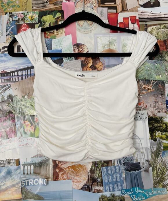 Elodie Tops - White Elodie Shirred Sleeveless Crop Top S